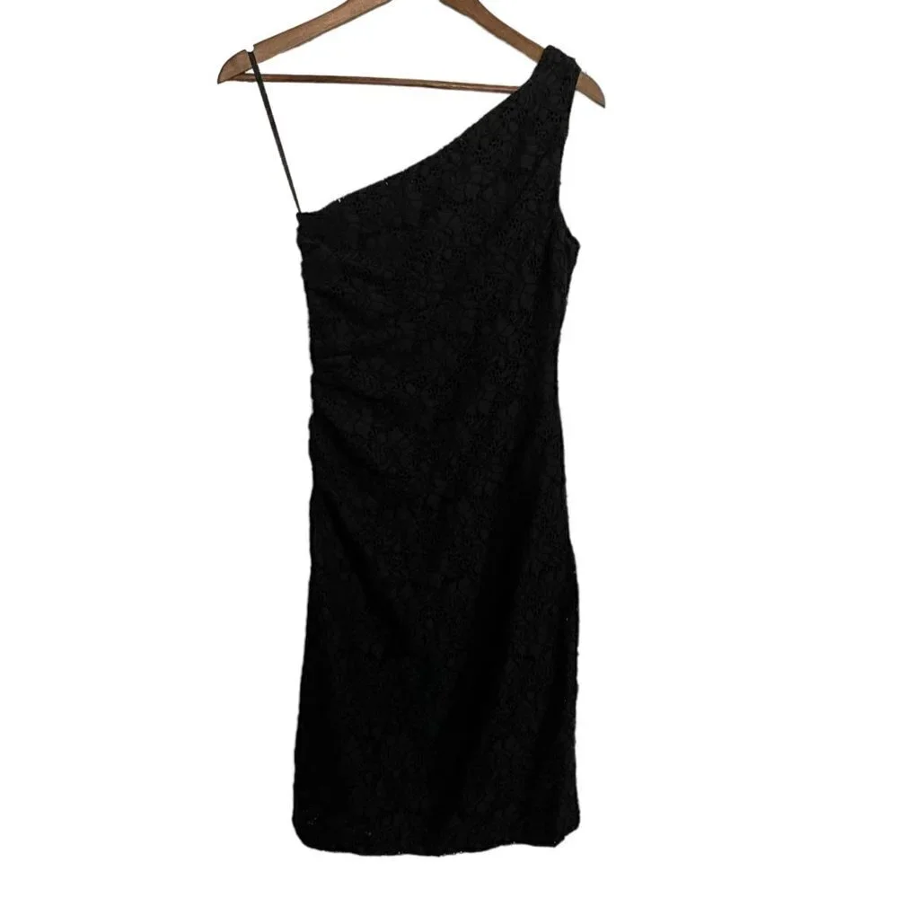 Lauren Ralph Lauren Womens Black One Shoulder Floral Eyelet Ruched Dress Size 4